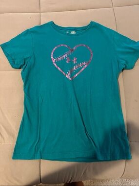 Under Armour Teal Girls' Short-Sleeve Tee with Pink Metallic Heart